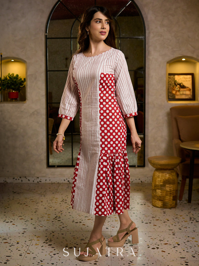 Retro White & Red Hand Block Printed Cotton Dress with Mixed Stripe & Dot Panels & Flounce Hem
