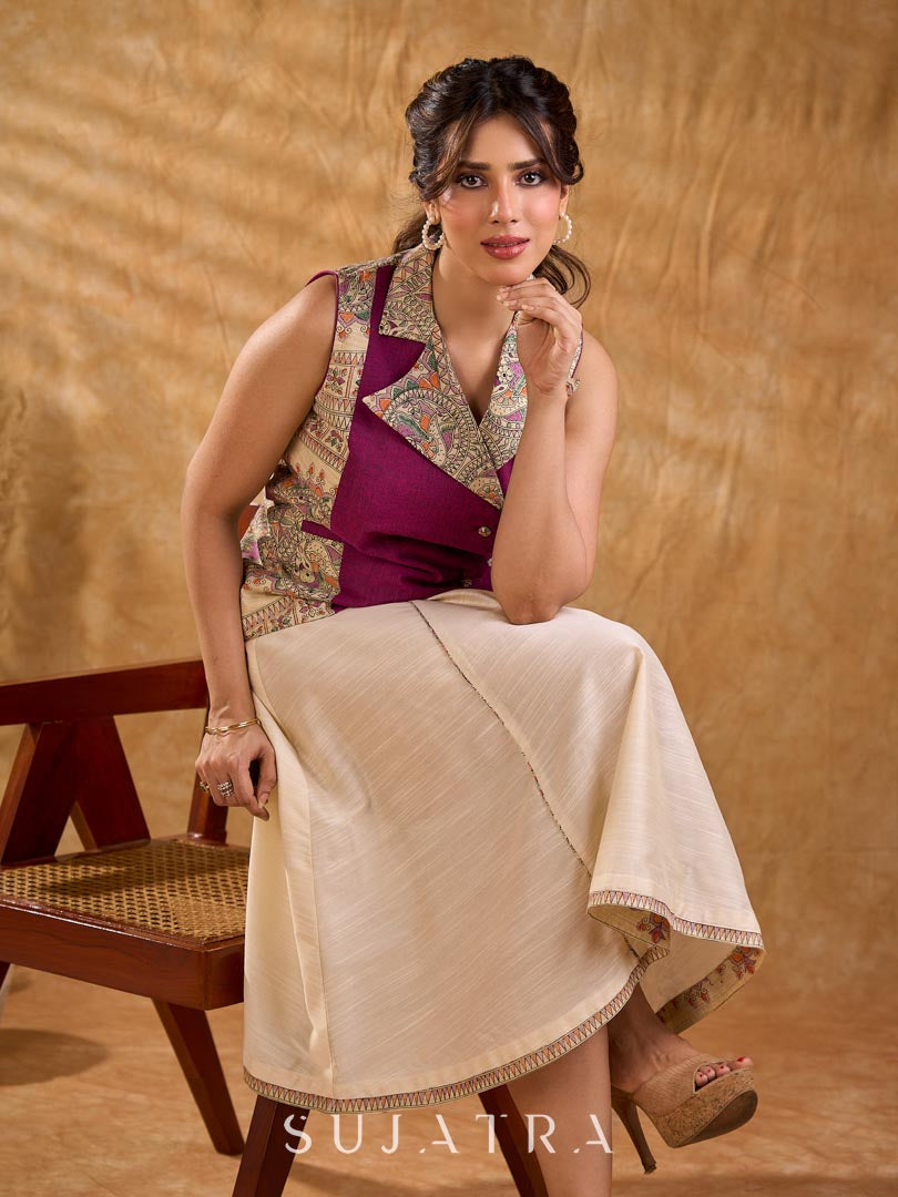 Elegant Madhubani jacket featuring magenta panels, asymmetrical closure, and a notch collar, enhanced with matching accents for a clean, tailored silhouette ideal for elevated corporate wear.