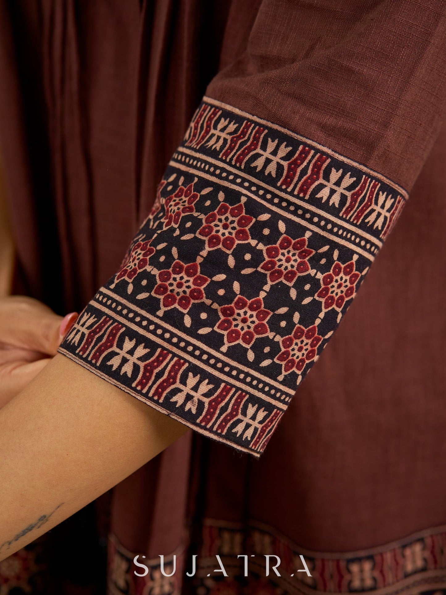 Beautiful  brown cotton ajrakh combination top