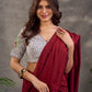 Off White Check Print Ikat Cotton Blouse with Embroidered Floral Sleeves