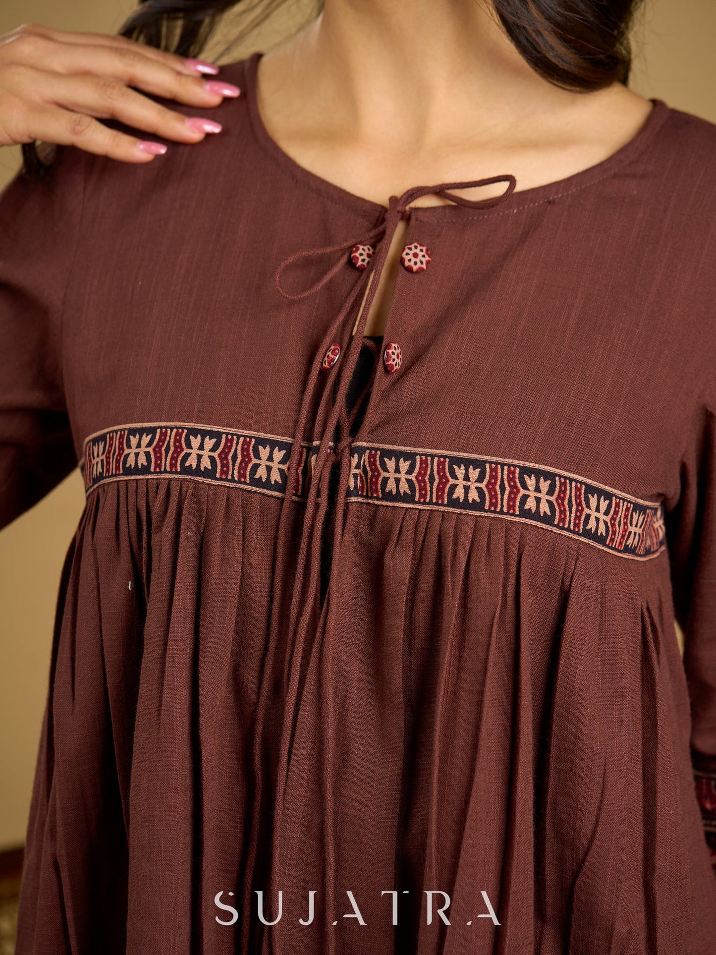 Beautiful  brown cotton ajrakh combination top
