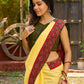 Sunlit yellow cotton contemporary Ajrakh combination saree