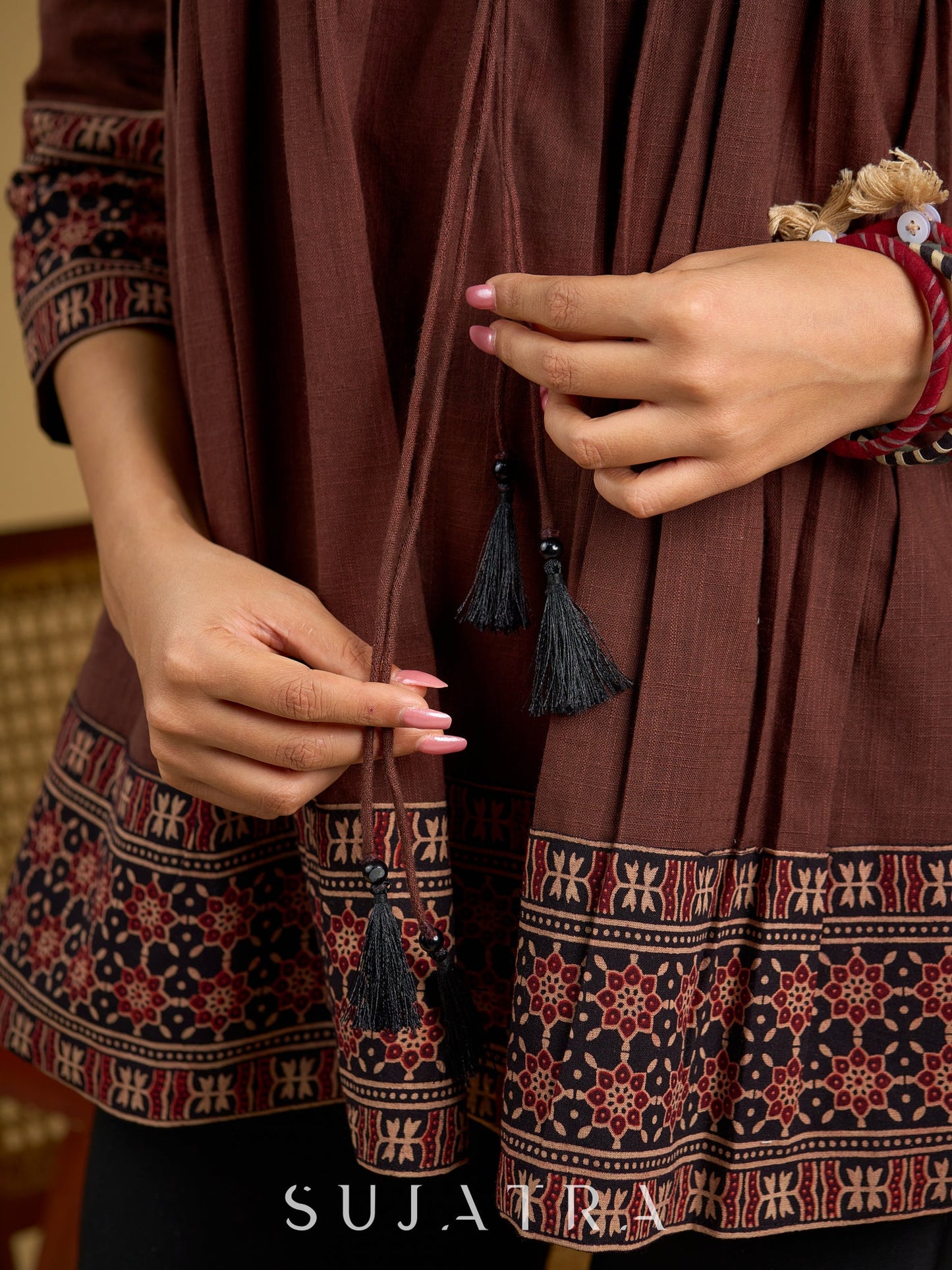 Beautiful  brown cotton ajrakh combination top