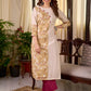 Refined Off White Cotton Straight Kurta with Floral Printed Panel and Button Embellishment