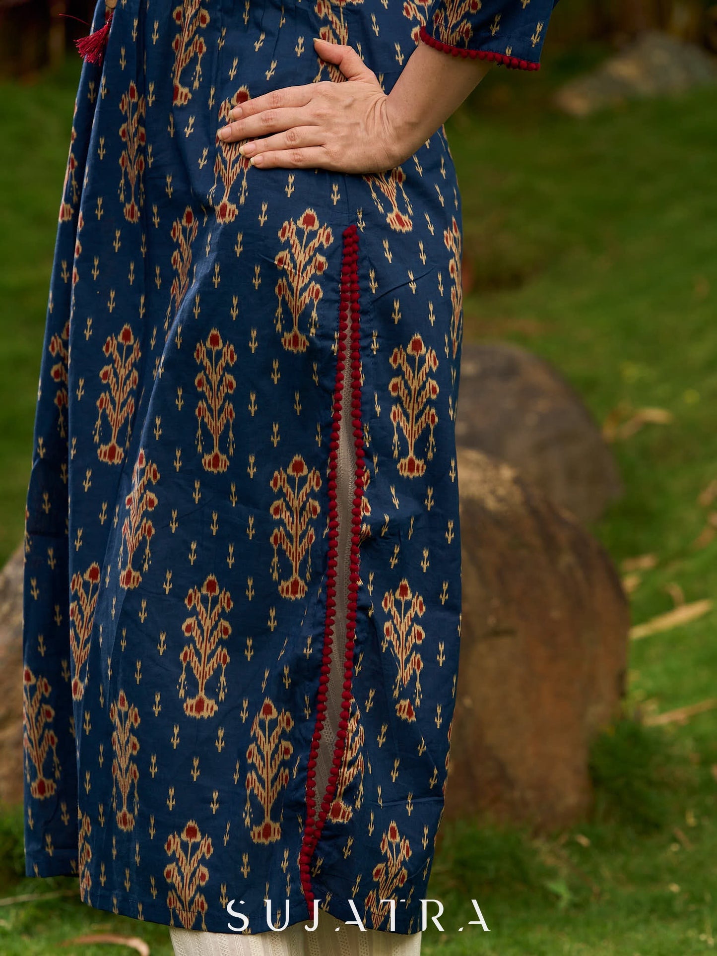 Contemporary Blue Ajrakh Print Kurta with Pleated Pintuck Detailing and Maroon Accents