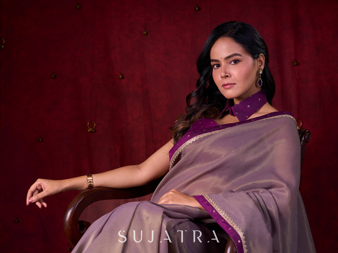 Lustrous Grey Silk Blend Saree with Chanderi Purple Border & Bold Statement Pallu