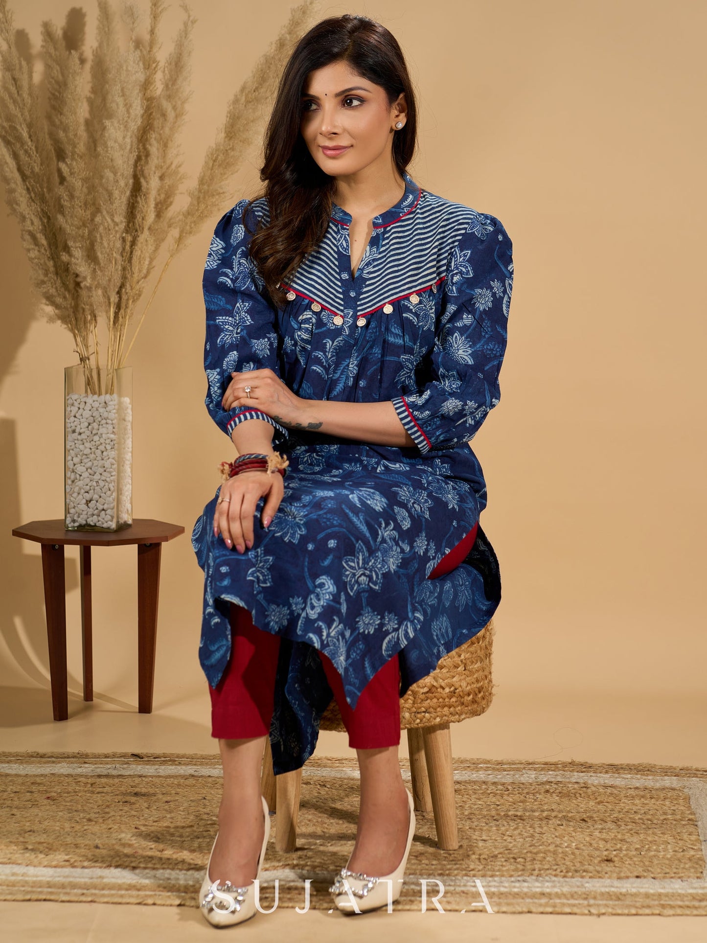 Midnight Maze Indigo Kurta with Contrast Detailing and Delicate Embellishments