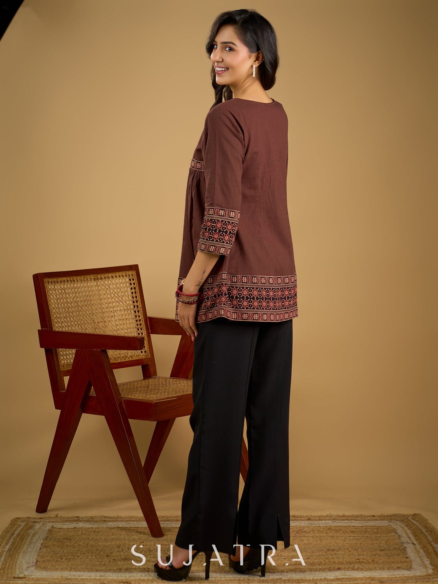 Beautiful  brown cotton ajrakh combination top