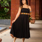 Black Rayon Double-Flared Sleeveless Dress with Mirror Work Embellishments  -  Patchwork Ajrakh Jacket Additional
