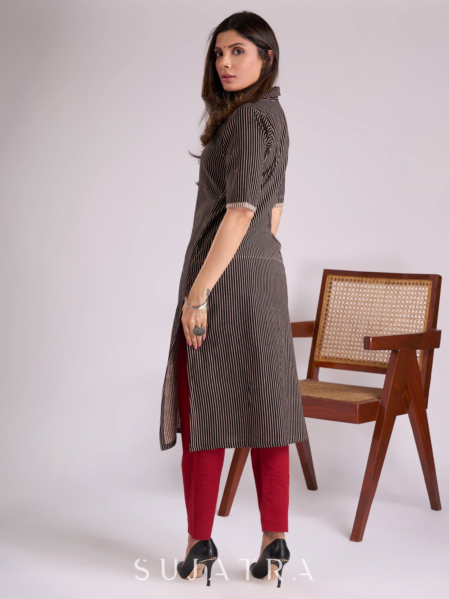 Chic Black & Ecru Striped Cotton Ajrakh Kurta with Elegant Tassel Detailing