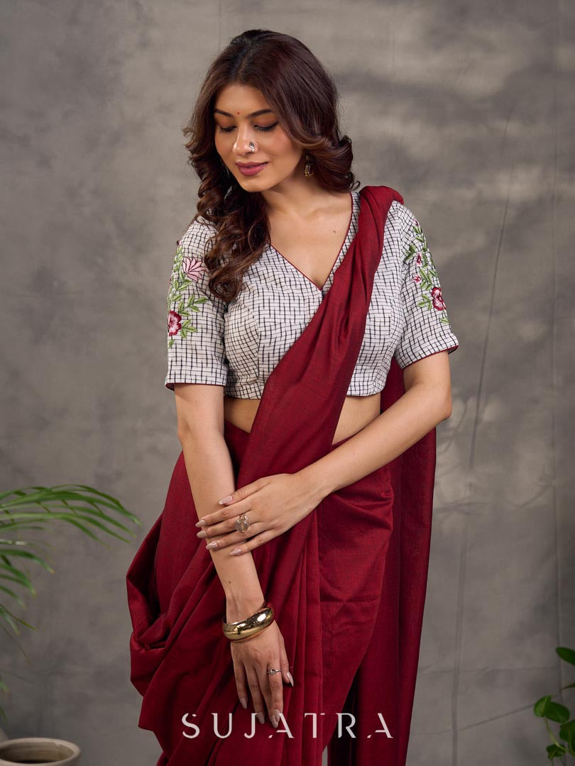 Off White Check Print Ikat Cotton Blouse with Embroidered Floral Sleeves