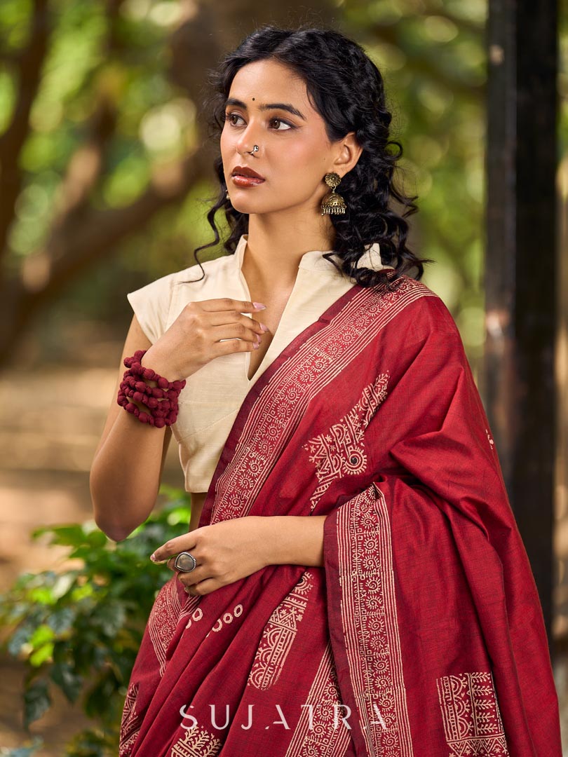 Chic Maroon Cotton Saree with Modern Abstract Hand Block Print