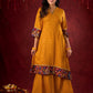 Marigold Yellow Bandhani Asymmetrical Kurta with Kalamkari Accents and Minimal Embellishments