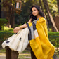 Modern Geometric Pure Silk Block Printed Saree Crafted in Striking Mustard and Classic Ivory Tones