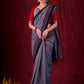 Grey Mul Cotton Saree with Checkered Border & Red Tassel Detailing