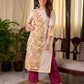 Refined Off White Cotton Straight Kurta with Floral Printed Panel and Button Embellishment