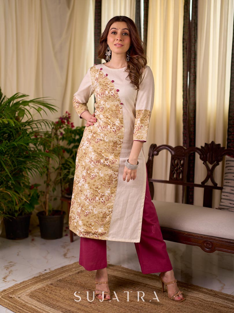 Refined Off White Cotton Straight Kurta with Floral Printed Panel and Button Embellishment