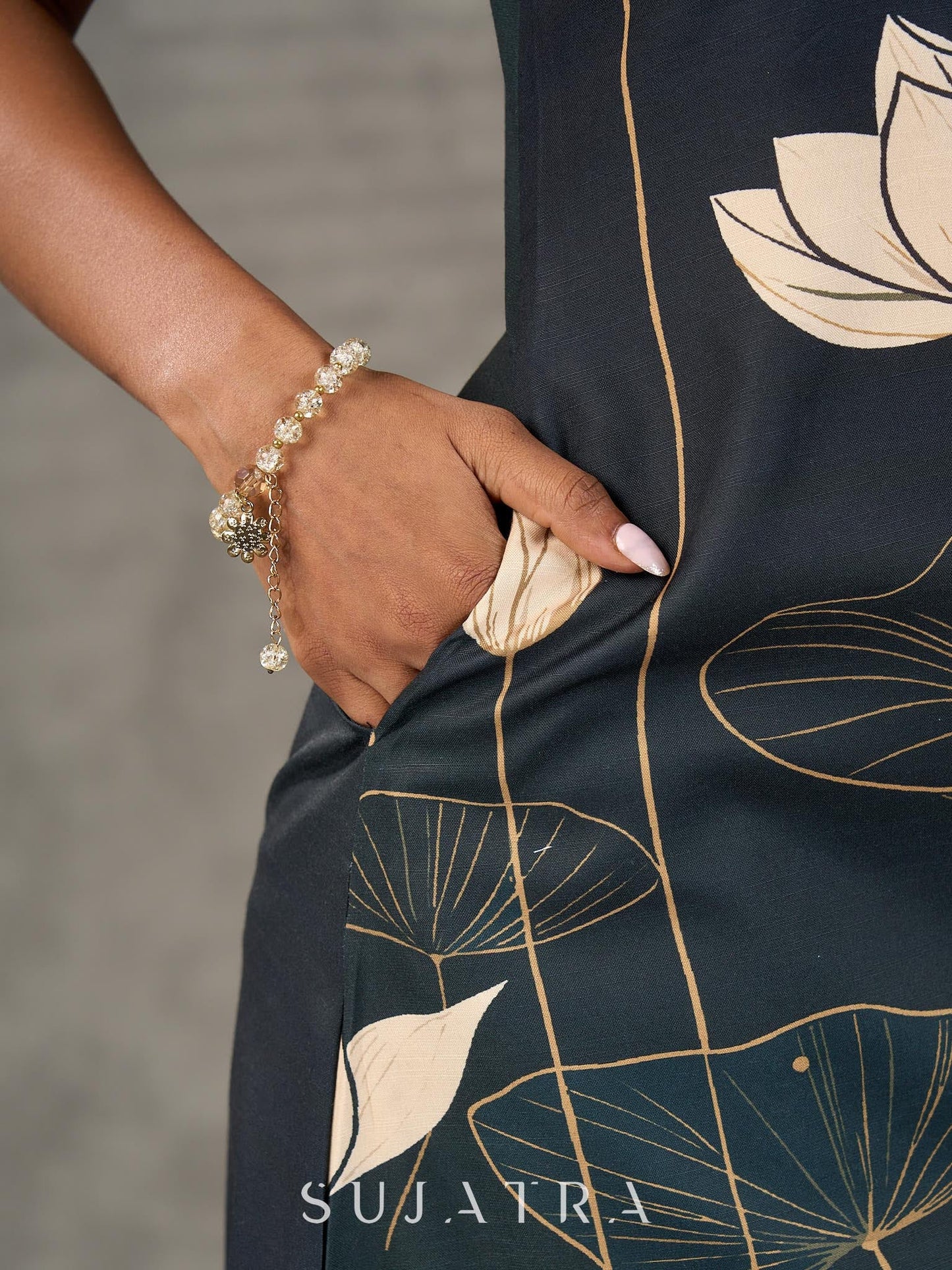 Bottle green and beige Pichwai lotus printed dress with beige accents