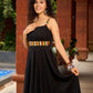 Black Rayon Double-Flared Sleeveless Dress with Mirror Work Embellishments  -  Patchwork Ajrakh Jacket Additional
