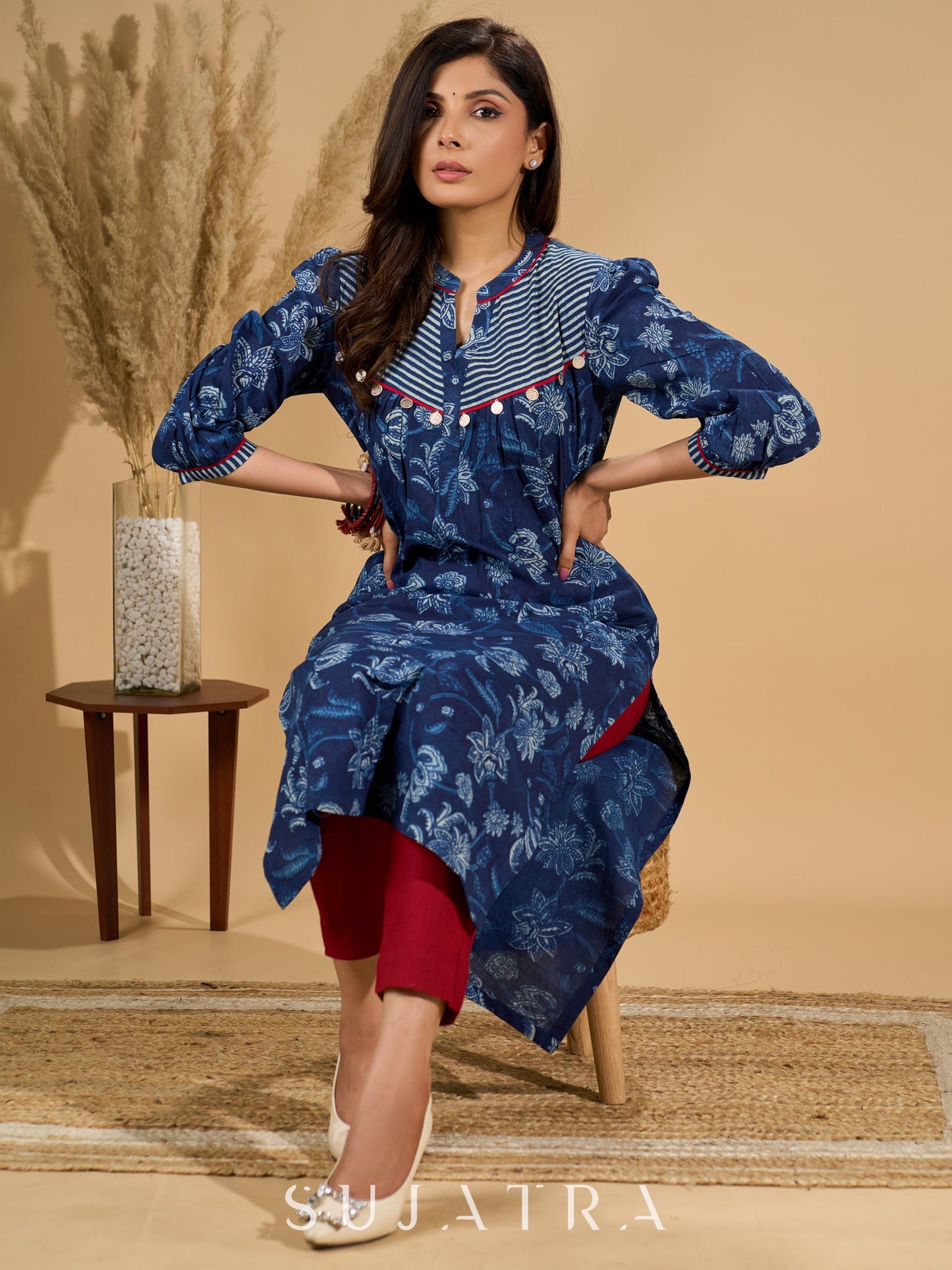Midnight Maze Indigo Kurta with Contrast Detailing and Delicate Embellishments