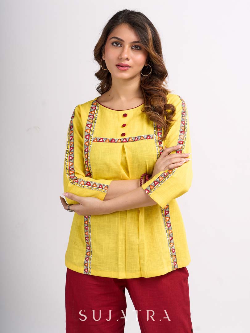 Sunshine Yellow Cotton Contemporary Top with Handcrafted Madhubani Border Highlights