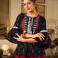 Contemporary Black Printed Cotton Top with Ikat Yoke and Flared Sleeves featuring Ikat Borders