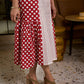 Retro White & Red Hand Block Printed Cotton Dress with Mixed Stripe & Dot Panels & Flounce Hem