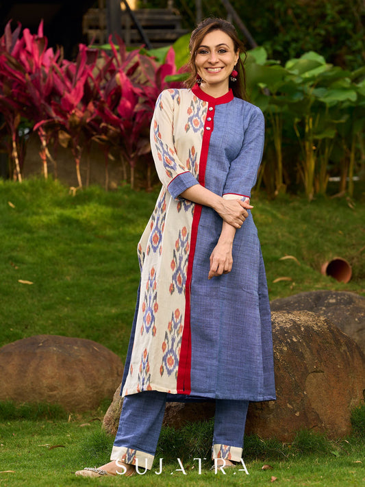 Classic Blue Handloom Straight Pant with Contrasting Ikat Border
