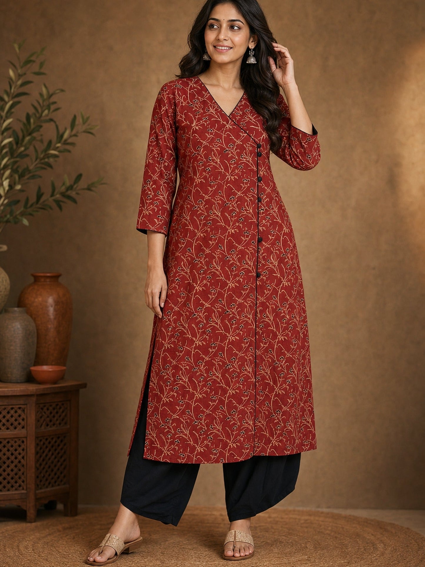 Deep Maroon Floral Cotton Kurta with Statement Overlap Front Design