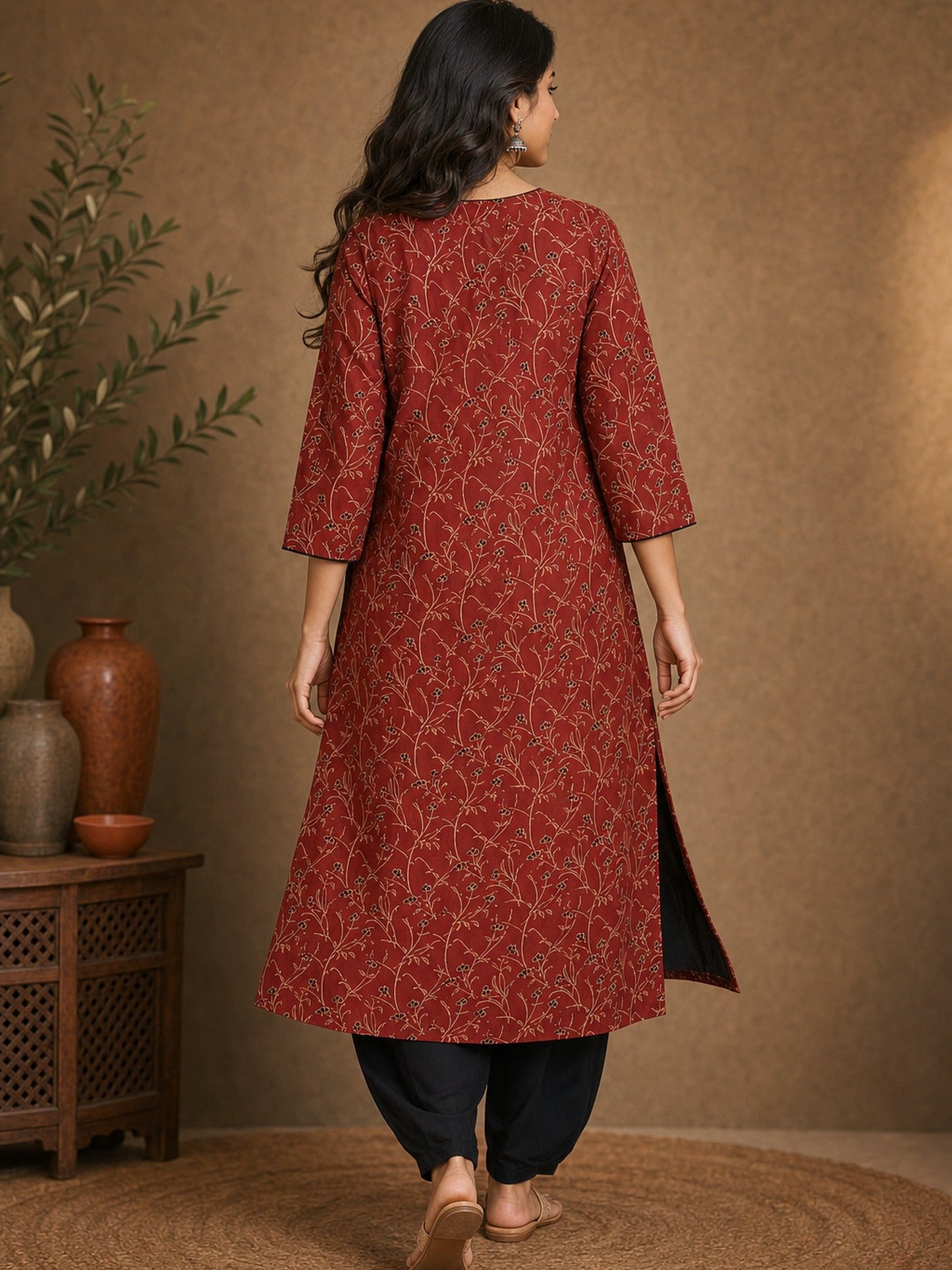 Deep Maroon Floral Cotton Kurta with Statement Overlap Front Design