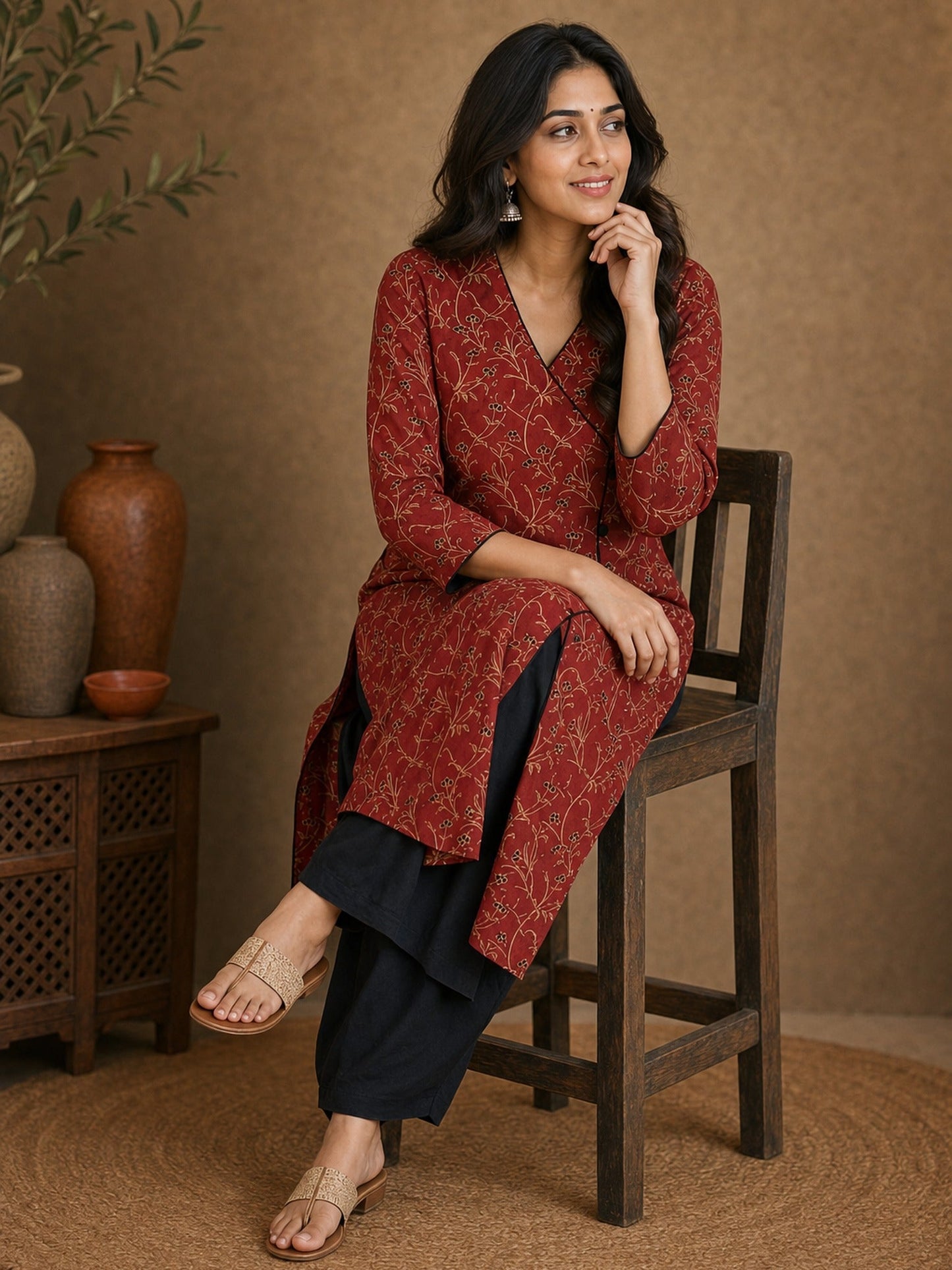 Deep Maroon Floral Cotton Kurta with Statement Overlap Front Design