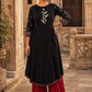 Soulful Black A-Line Cotton Kurta with Handcrafted Embroidery & Red Piping