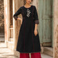 Soulful Black A-Line Cotton Kurta with Handcrafted Embroidery & Red Piping