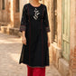 Soulful Black A-Line Cotton Kurta with Handcrafted Embroidery & Red Piping