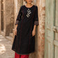 Soulful Black A-Line Cotton Kurta with Handcrafted Embroidery & Red Piping
