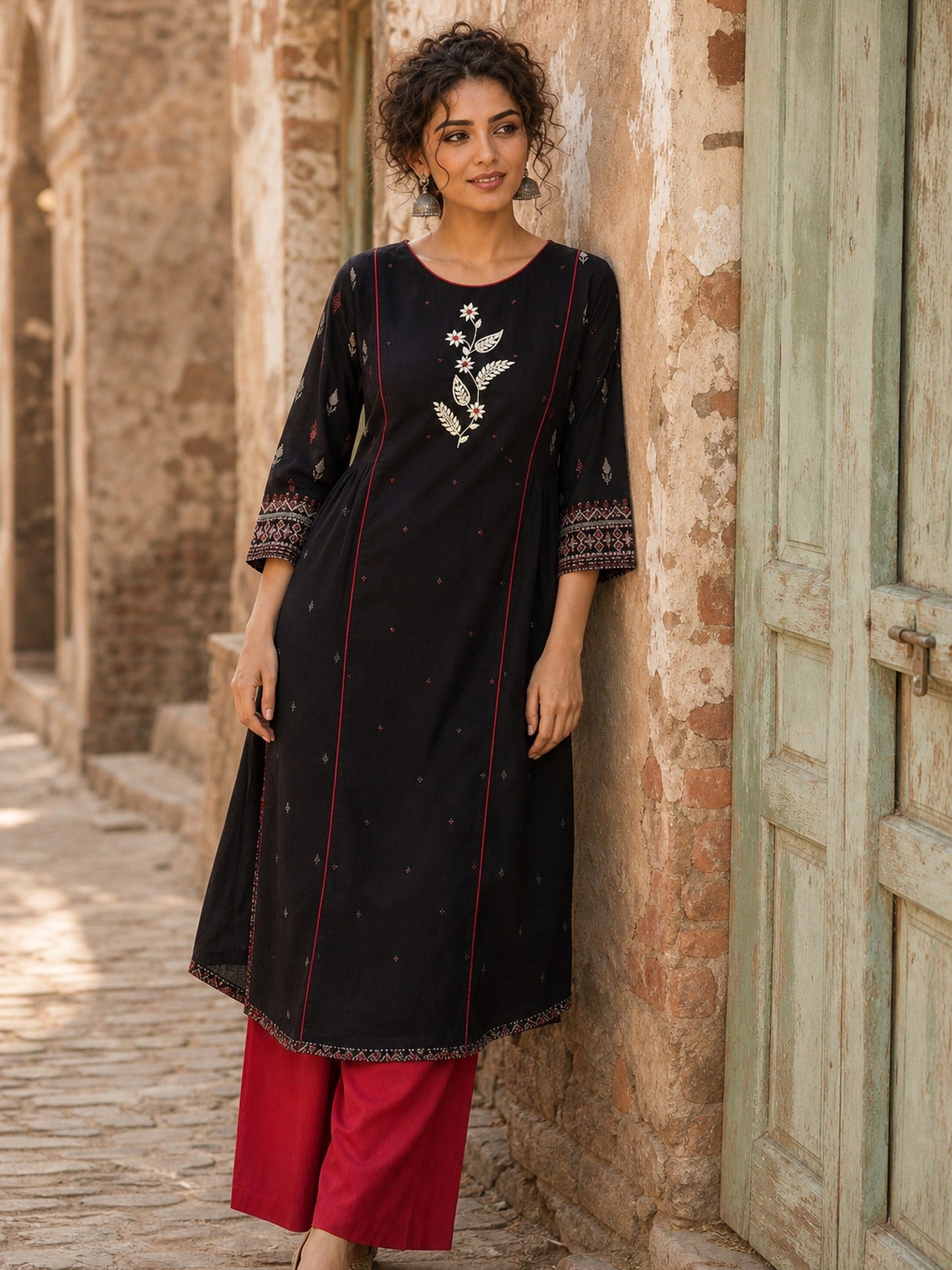 Soulful Black A-Line Cotton Kurta with Handcrafted Embroidery & Red Piping