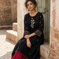 Soulful Black A-Line Cotton Kurta with Handcrafted Embroidery & Red Piping
