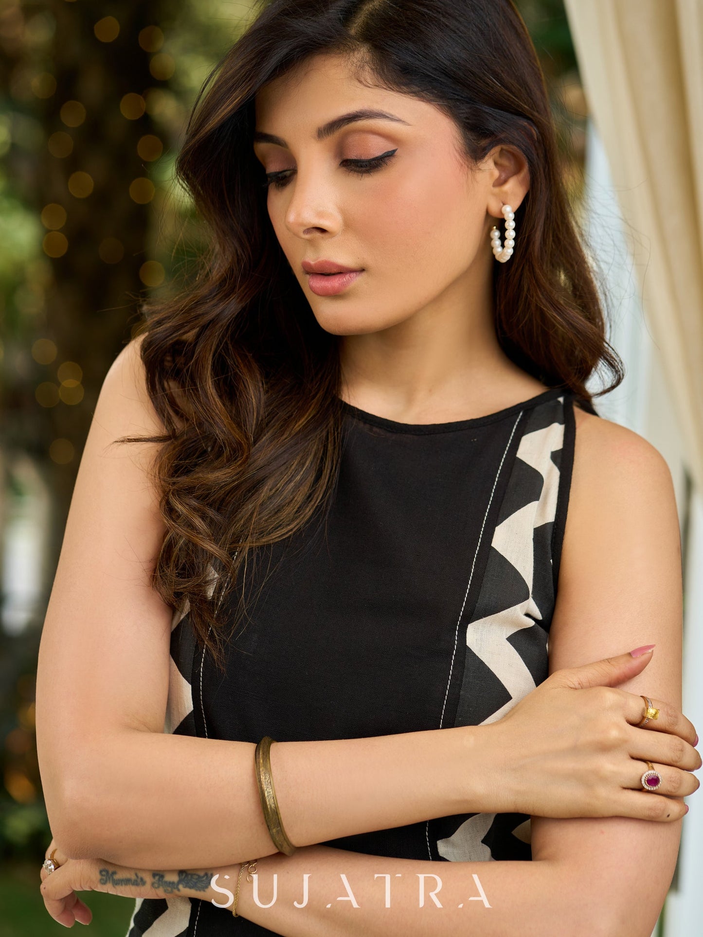 Bespoke Black Zigzag Panel Dress in Cotton Flex with Subtle Kantha Embroidery