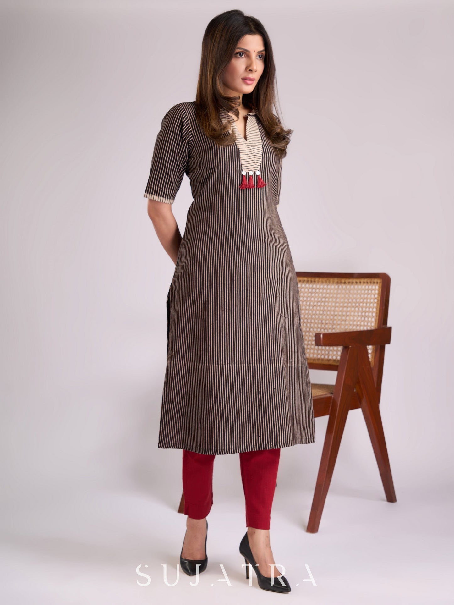 Chic Black & Ecru Striped Cotton Ajrakh Kurta with Elegant Tassel Detailing