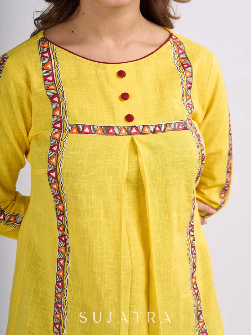 Sunshine Yellow Cotton Contemporary Top with Handcrafted Madhubani Border Highlights
