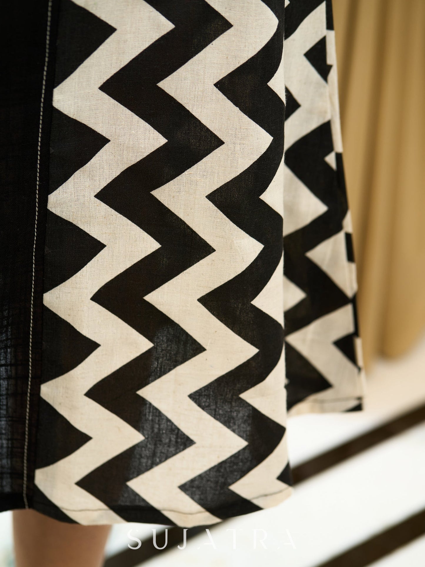 Bespoke Black Zigzag Panel Dress in Cotton Flex with Subtle Kantha Embroidery