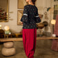 Contemporary Black Printed Cotton Top with Ikat Yoke and Flared Sleeves featuring Ikat Borders