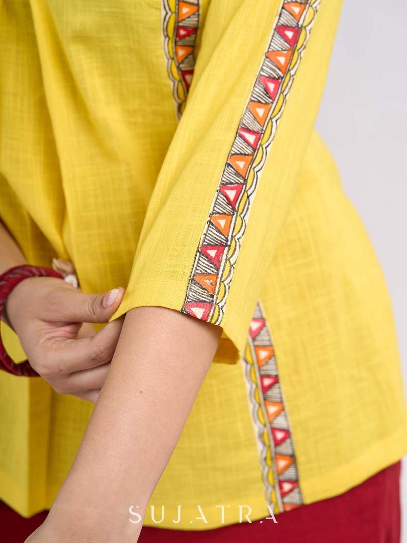 Sunshine Yellow Cotton Contemporary Top with Handcrafted Madhubani Border Highlights