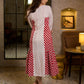 Retro White & Red Hand Block Printed Cotton Dress with Mixed Stripe & Dot Panels & Flounce Hem