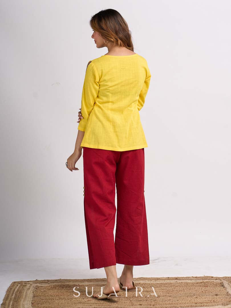 Sunshine Yellow Cotton Contemporary Top with Handcrafted Madhubani Border Highlights