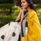 Modern Geometric Pure Silk Block Printed Saree Crafted in Striking Mustard and Classic Ivory Tones
