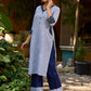chic blue striped kurta adorned with peeking ajrakh accents on the pocket and sleeves.