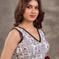 White Printed Cotton Sleeveless V Neck Blouse with Black Lace Trim