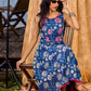 Navy Blue Indigo Cotton Dress With Pink Floral Embroidered Highlights