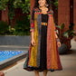 Black Rayon Double-Flared Sleeveless Dress with Mirror Work Embellishments  -  Patchwork Ajrakh Jacket Additional